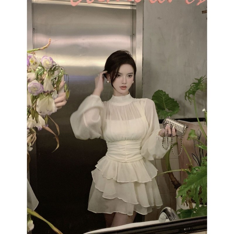 法式绝美荷叶边长袖雪纺连衣裙女装春秋季高级R感公主蛋糕蓬蓬裙