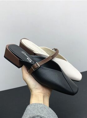 工厂处理2021夏款真皮女鞋休闲包F头方头半拖低方跟牛皮凉拖凉鞋
