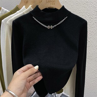 2023秋冬毛衣女加厚设计感小众黑色内搭半高领打底衫羊绒针织上衣