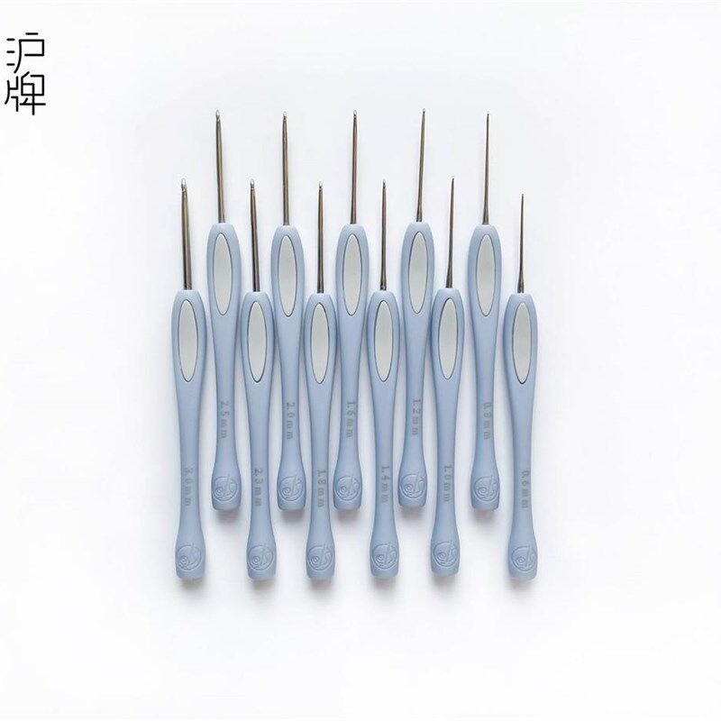 牌防滑软柄沪垫 钩针 不钢套手工打锈磨编织针 装W勾针蓝灰色手柄