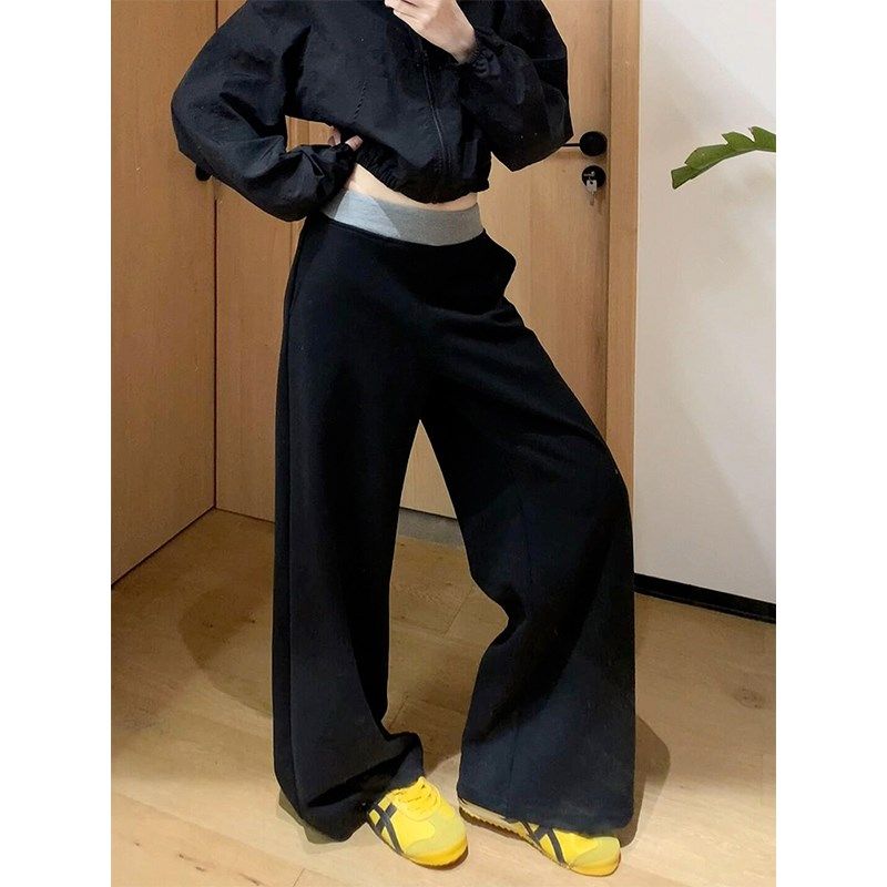 小个子梨型身材的黑色女裤子拼接设计感小众大码腿粗胯宽休闲裤