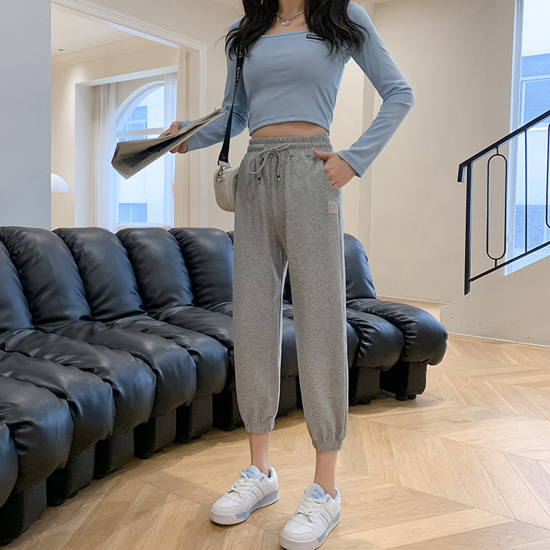 薄款纯棉运动裤女春夏高腰宽松显瘦小个子束脚休闲哈伦灯笼裤八分图片
