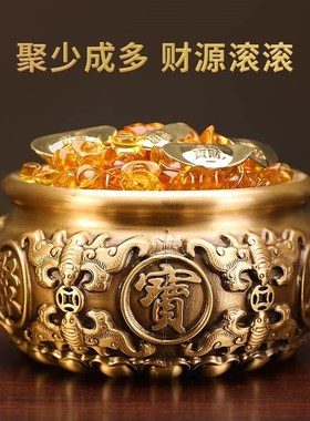 纯铜聚宝盆招财缸摆件中式客厅工艺品实心加厚大号铜缸米缸铜盆