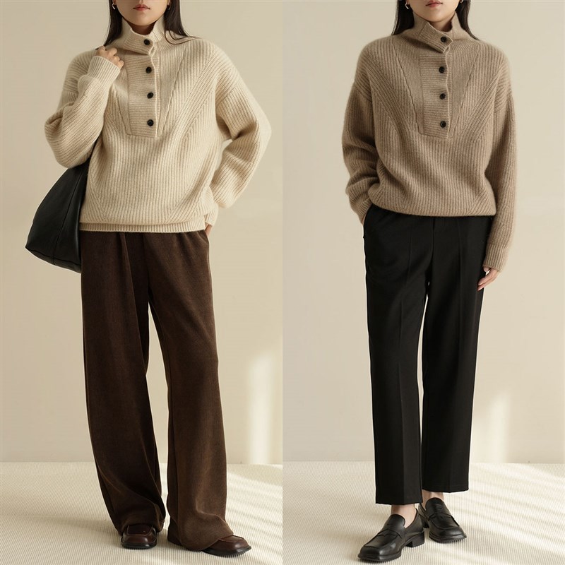 500G重磅山羊绒 双股26针女士立领羊绒衫 保暖针织衫 秋冬款女装