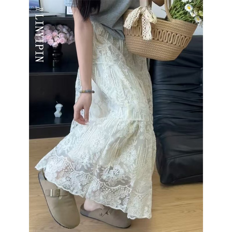 法式蕾丝刺绣杏色半身裙女大码胖mm气质提花大摆伞裙春季新款纱裙