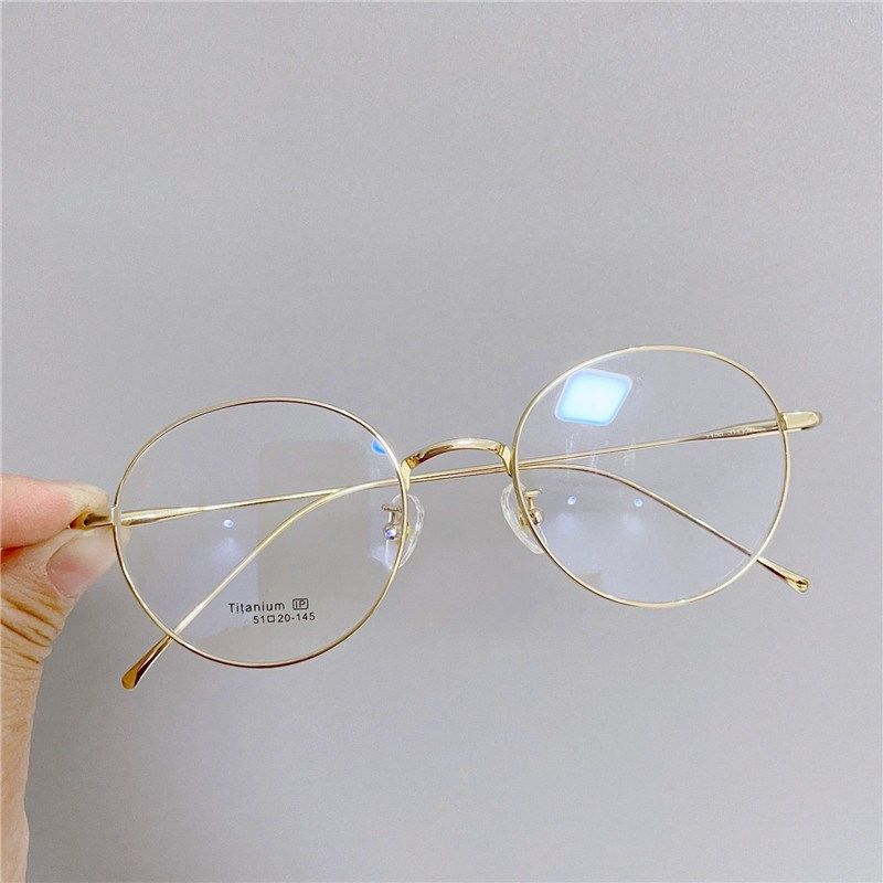 超轻纯钛圆形大脸眼镜框男女款可配近视抗蓝光细腿金色潮圆脸镜架