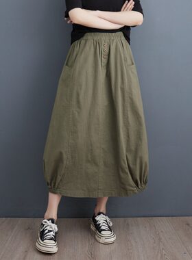大尺码棉麻文艺女休闲裙松紧腰半身裙过膝长裙NA字裙纯色茧型花苞