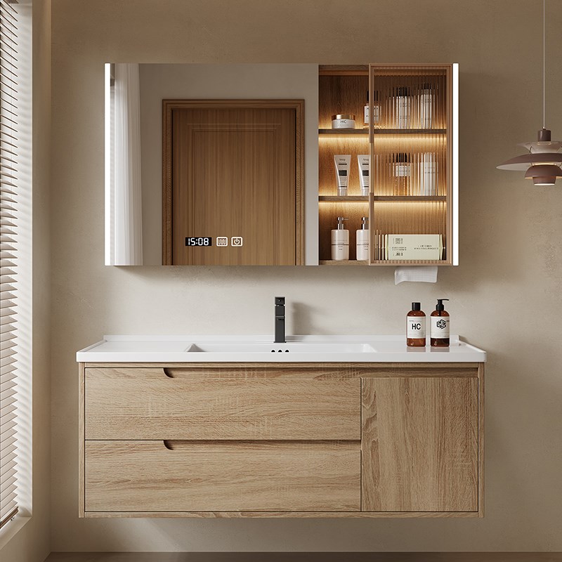 原木色陶瓷一体盆浴室柜组合卫生间洗脸盆柜洗漱台洗手盆卫浴柜盆