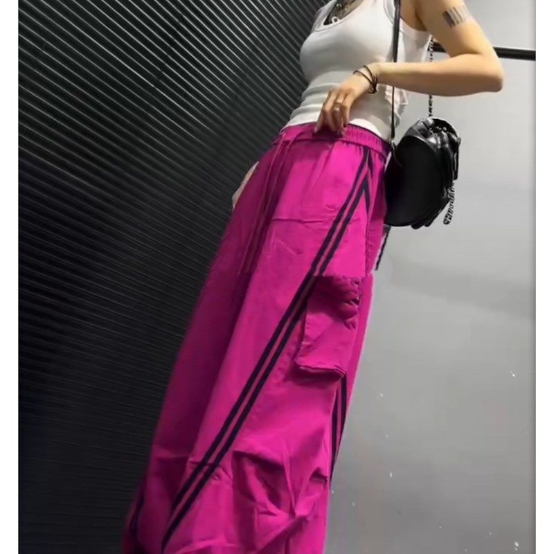 欧货糖果色弯刀阔腿运动裤女2025春新款个性宽松高腰条纹休闲长裤