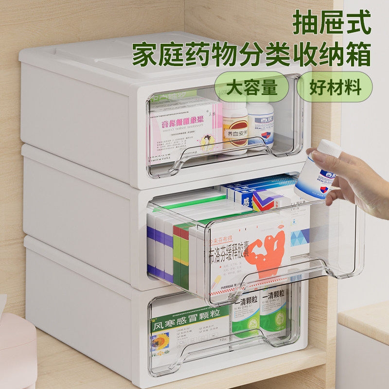 医药箱抽屉式家用透明药物收纳盒家庭装大容量分类多层药品储物箱
