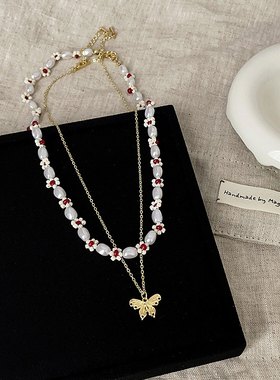 小红花项链珍珠锁骨链女合金