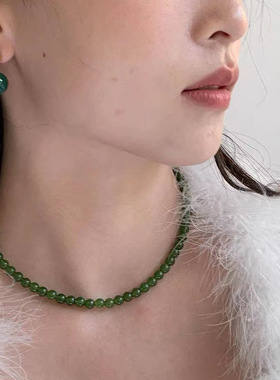 绿色玉髓串珠项链女新中式百搭气质锁骨链薄荷曼波元宝扣珍珠颈链