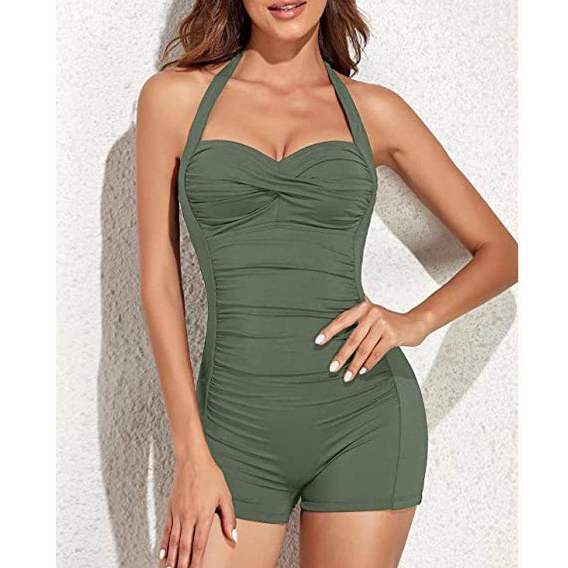 Boxer One-Piece Swimsuit Women Sexy Backless Solid Color