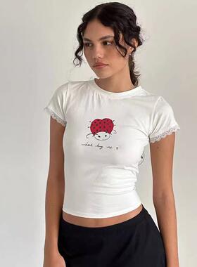 Retro straight shoulder T-shirt for women short sleeve slim