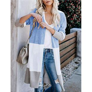 Sweater Long Womens Contrast Striped Cardigan Jacket Sleeve