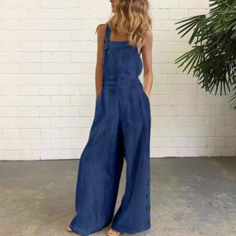 jumpsuit button side leg wide casual pocket side sleeveless