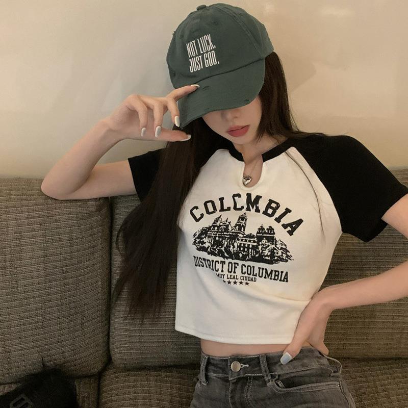 and retro female girl top V-neck T-shirt spicy student