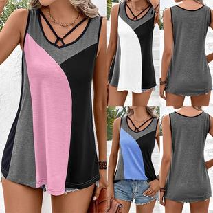 contrast stitching Sleeveless color block sexy vest
