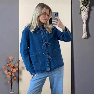 lapel for denim bow lace fashion women shirt casual
