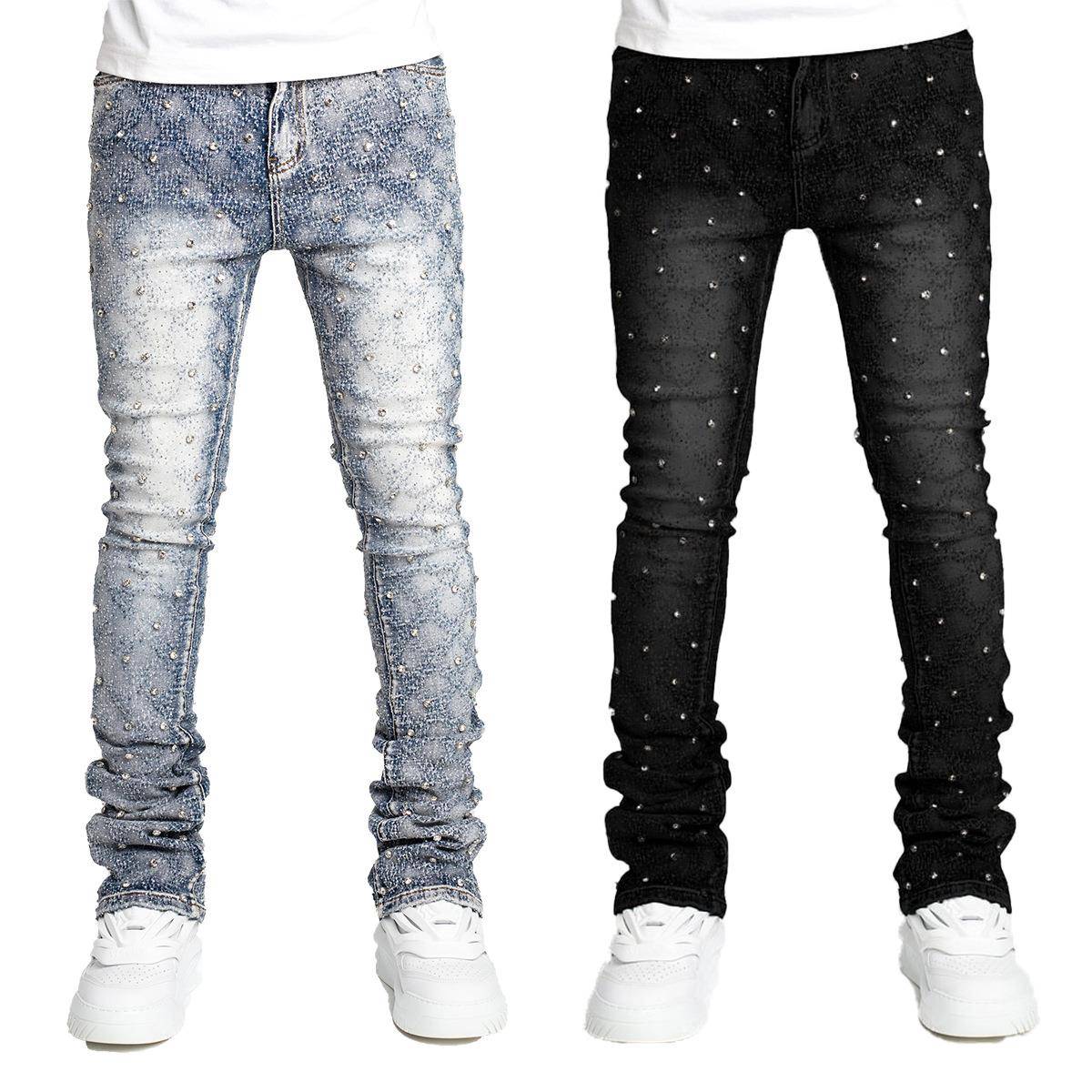 jeans blue high raise denim pants men low repair skinny
