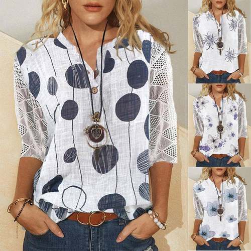 Shirt Collar Stand-Up Open-Placket Mid-Sleeve Splicing Lace