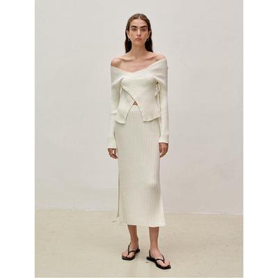 Womens knitted skirt casual solid color high waist slit