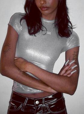 Short Fashion Metallic Neck Tight Top Round Womens Sleeve