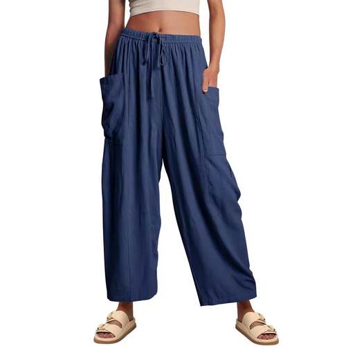 Womens elastic waist pleated high waist wide leg pants