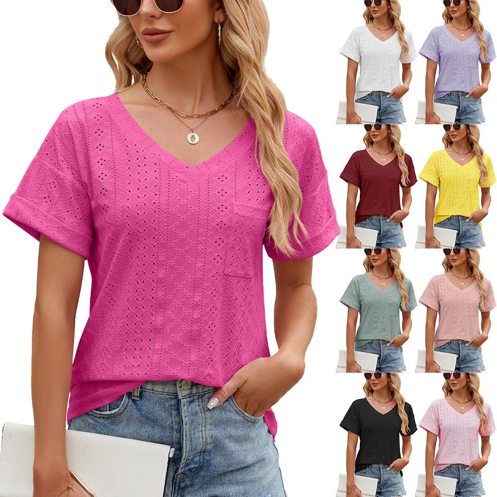 Solid color pocket V-neck loose short-sleeved T-shirt tops