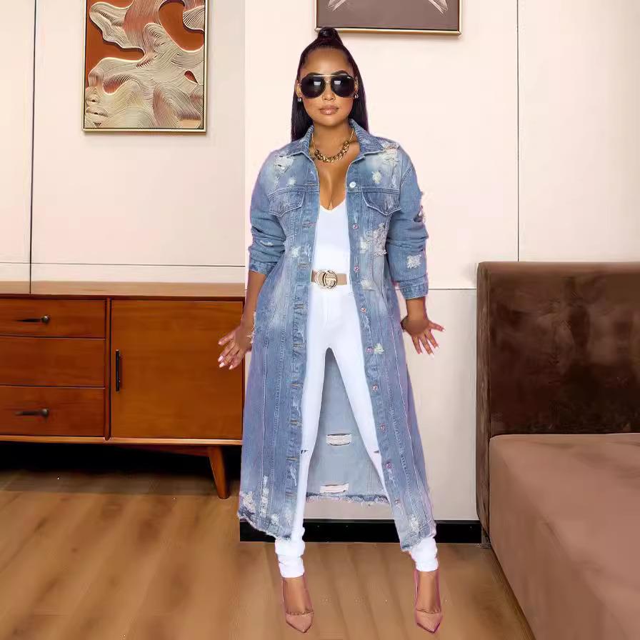 top hole version large loose washed blue women for jacket