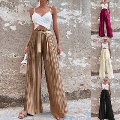 Womens pleated trousers drape pants waist leg wide-leg ties