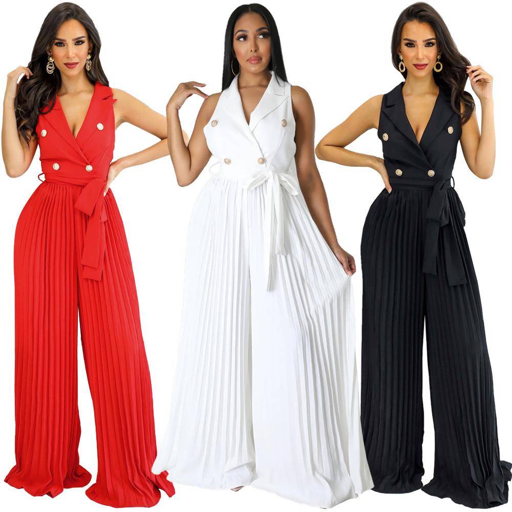 V-neck street wide-leg temperament pleated jumpsuit