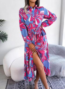 feminina roupas dress shirt split lace-up lapel print