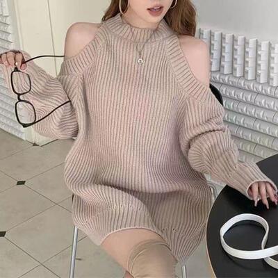 top sweater knitted neck halter off-shoulder mid-length