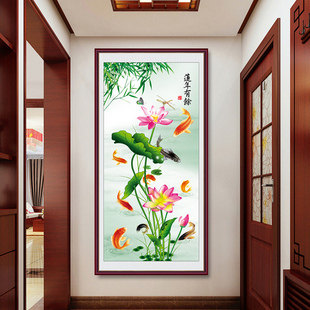 年年有鱼入门玄关装饰画九鱼聚财图正对门口的壁布画竖版自粘贴画