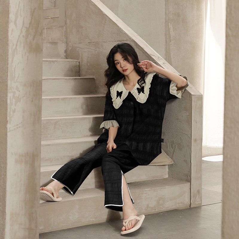 睡衣女款夏季2024新款纯棉薄款短袖长裤高级感甜美套装女士家居服