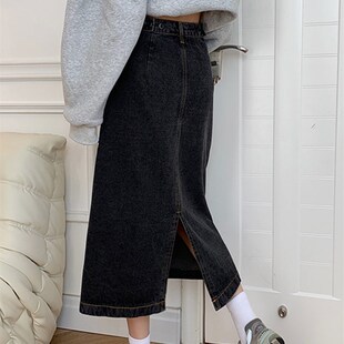 大码黑色半身裙子遮肚胖妹妹mm开叉梨形身材遮胯显瘦a字牛仔半裙