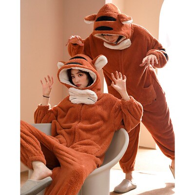 珊瑚绒情侣睡衣女秋冬季加厚加绒可爱老虎装连体冬天连帽家居服男