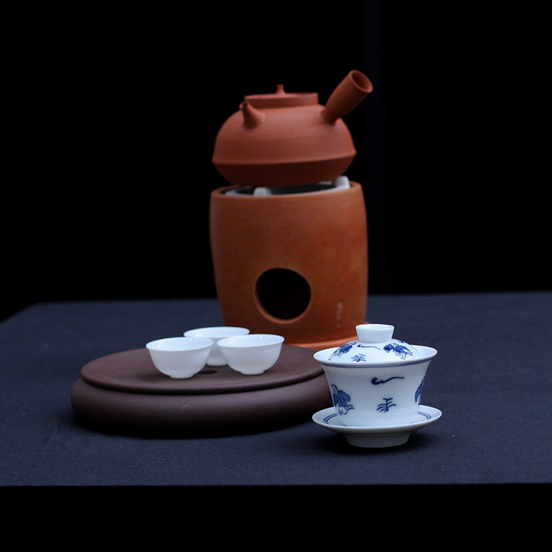 90年代潮州枫溪手绘茶备盖碗青花童子茶碗冲茶器工夫茶三才碗茶杯