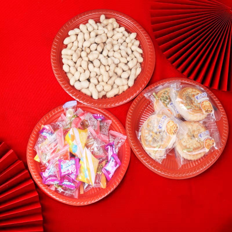一次性红色盘子塑料红碟子结婚酒席餐盘喜糖果盘圆形过年家用菜盘