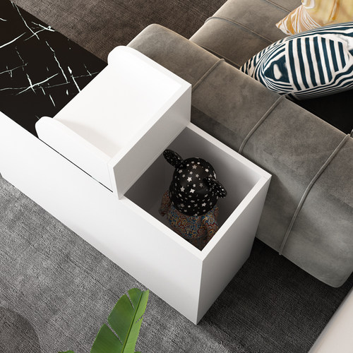 沙发边柜侧边柜带钢化玻璃黑白大理石纹路边几柜带usb插座可移动