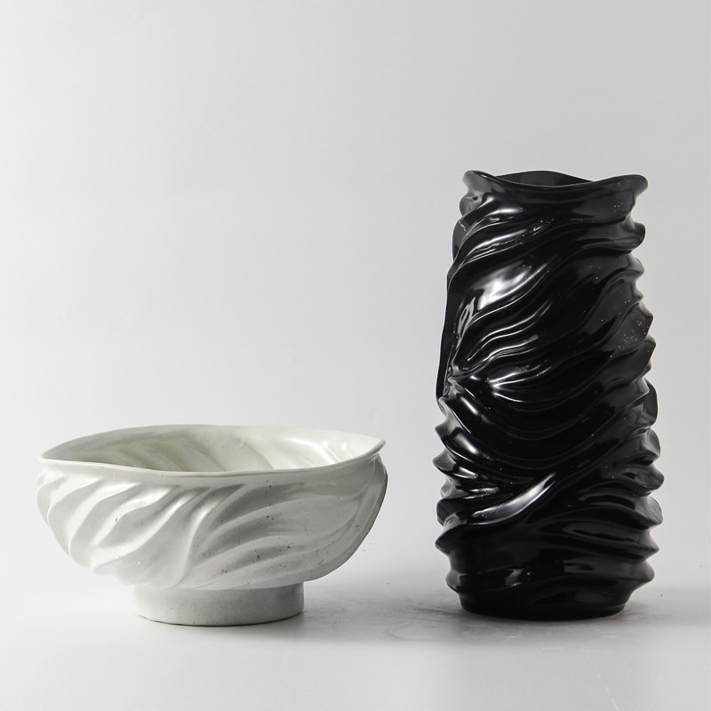 简约新中式水波纹花盆花器花插样板间家居工艺品花瓶软装饰品摆件