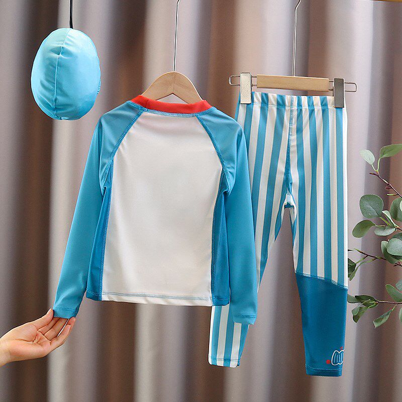 儿童泳衣男童防晒长袖长裤两件式宝宝沙滩温泉游泳条纹拼色套装泳