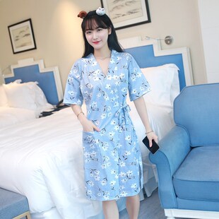 浴袍纯棉短袖 和服式 薄款 可爱睡裙夏季 晨袍家居服睡衣 睡袍女中长款