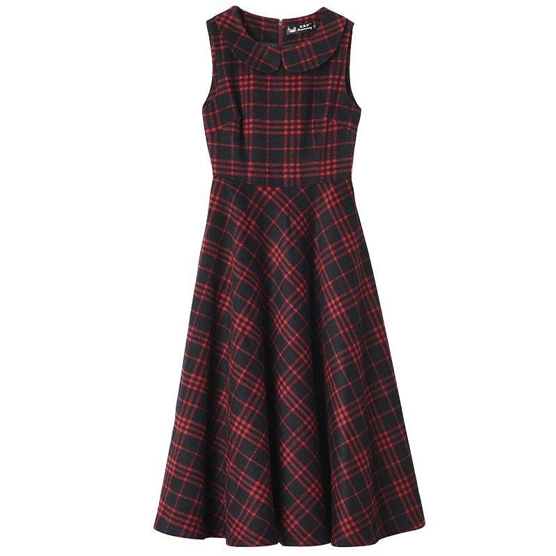 2024秋冬新款复古格子毛呢背心裙娃娃领修身连衣裙女气质打底裙