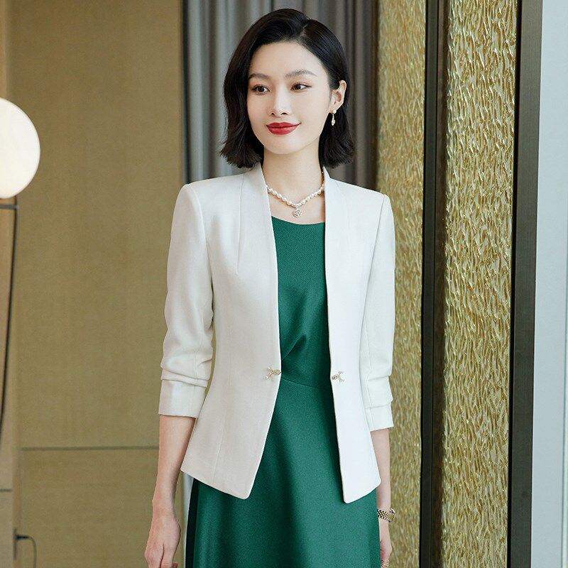 高端女神范无领西装外套女秋冬气质修身西服教师主持人连衣裙套装