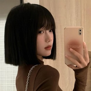 美宿假發(fā)女短發(fā)全頭套甜酷減齡波波頭御姐一刀切漫畫齊劉海短直發(fā)