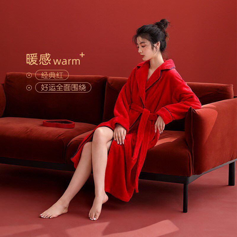 睡袍女士睡衣秋冬款冬季加长款法兰绒加厚加绒珊瑚绒本命年大红色