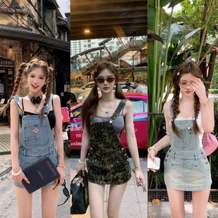 洋氣減齡小個子連體吊帶短裙褲 兩件套甜酷辣妹風(fēng)牛仔背帶裙女夏季