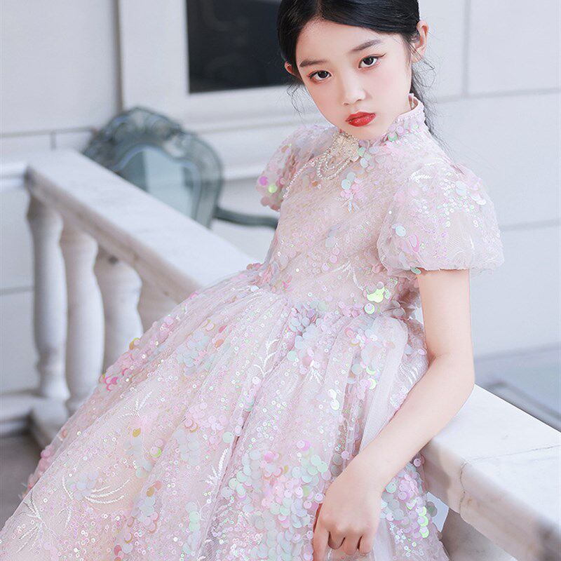 高端钢琴轻奢风礼服公主裙女大童主持走秀演出服小女孩亮片连衣裙